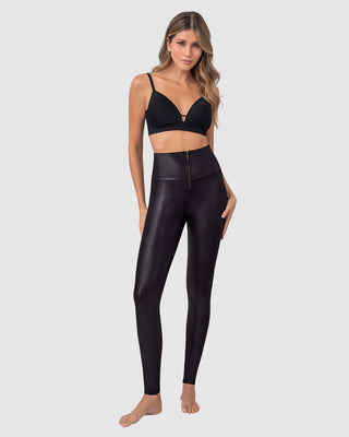 Legging con cierre de compresión en abdomen en imitación cuero#color_700-negro