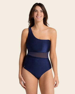 Bañador entero de un solo hombro con compresión suave de abdomen bajo#color_509-azul-oscuro