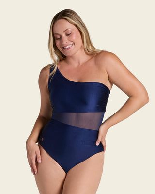 Bañador entero de un solo hombro con compresión suave de abdomen bajo#color_509-azul-oscuro