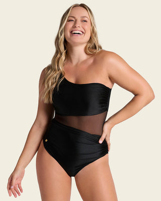 Bañador entero de un solo hombro con compresión suave de abdomen bajo#color_700-negro
